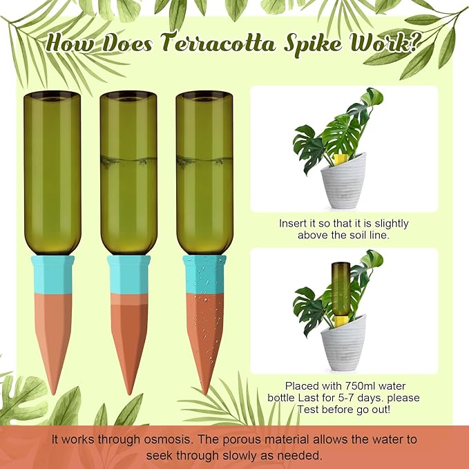 SiliFine 12 Set Plant Watering Devices Include Terracotta Self Watering Spikes and 26 oz Plastic Bottles, Slow Release Vacation Insert Automatic Plant Waterer Device (Green and Mixed Color)