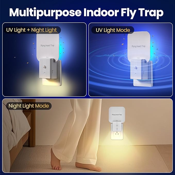 Fruit Fly Traps for Indoors, Plug in Flying Insect Trap with Auto Night Light, Bug Catcher Indoor, Fly Trap Indoor for Fruit Flies, Gnats, Mosquito, Moths (1 Device + 5 Glue Cards)