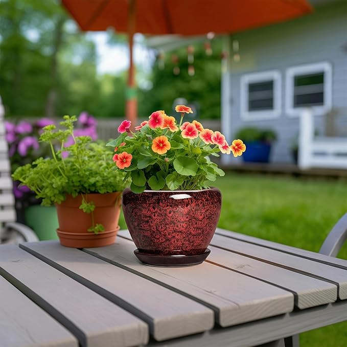 6 Inch Ceramic Pots for Plants - Indoor Plant Pots with Drainage Hole and Saucer, Decorative Planters for Outdoor Plants, Modern Planter, Living Room Decor, Gardening Gifts, Red Leopard