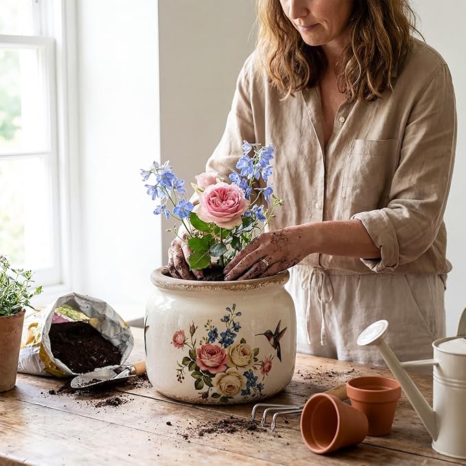 Vintage Large Ceramic Planter with Hummingbird's Bloom Pattern Creamy White Ice Crack Finish Antique Cottage Flower Vase Pot for Indoor Plants Farmhouse Home Kitchen Office Decor