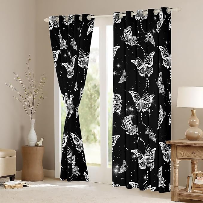 White Butterflies Curtains & Drapes,Moth Wildlife Wild Animals Window Curtains 2 Panels 52"Wx84"L,Butterfly Rustic Animal Blackout Curtains,Starry Sky Galaxy Glitter Window Treatments Black