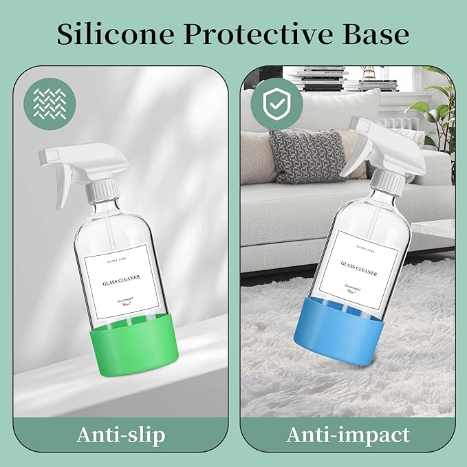 GIVAMEIHF 2 Pack Glass Spray Bottles with Silicone Sleeve,16oz Clear Glass Spray Bottles Refillable Empty Bottle with Adjustable Nozzle,Spray Bottle for Essential Oils,Cleaning Solutions,Pets,Hair