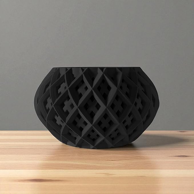 DarkStone Modern Geometric Planter – Bold Black Round Pot with Cross-Lattice Texture – Compact Indoor Plant Container with Drainage Hole (Black, Outer Dimensions: Compact 6" Width x 4" Height)