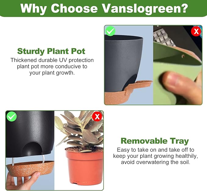 Vanslogreen Planters for Indoor Plants, 8/7/6.5/6/5.5/5 Inch Self Watering Plant Planters with Drainage Hole, Plastic Planters Flower Pots for Indoor Outdoor Plants (Black)