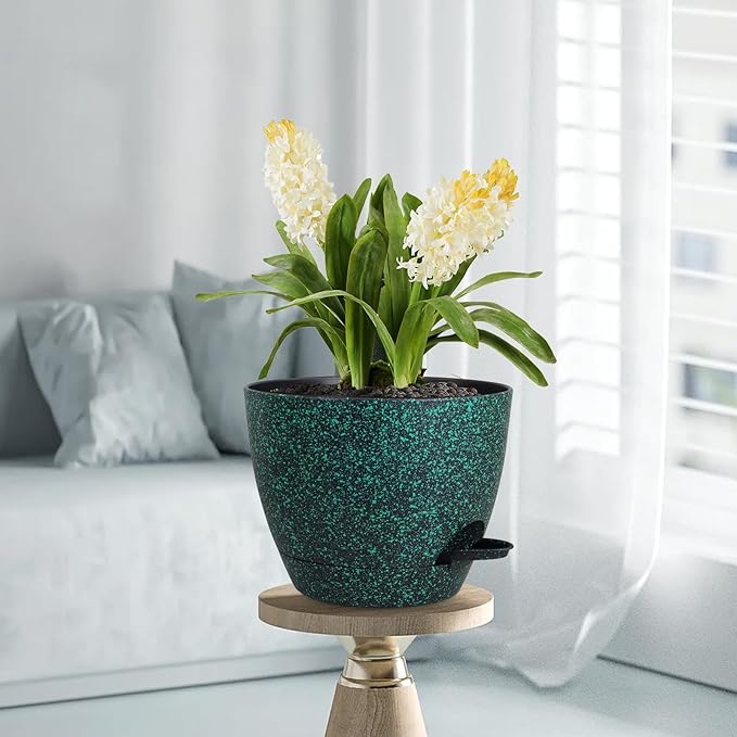 Meowell 12 inch Large Self Watering Pots for Indoor Outdoor Plants, Flower Plant Pots with Mesh Drainage Holes for Garden House Plants, Plastic Planters for Home, Black with Green Speckles