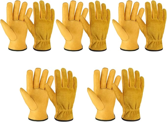 OZERO Leather Work Gloves for Men & Women, 5 Pairs Genuine Cowhide Garden Gloves, Lab Tested EN388 2143X, Flexible Grip, Breathable Unlined Comfort, Elastic Wrist (Gold, Large)