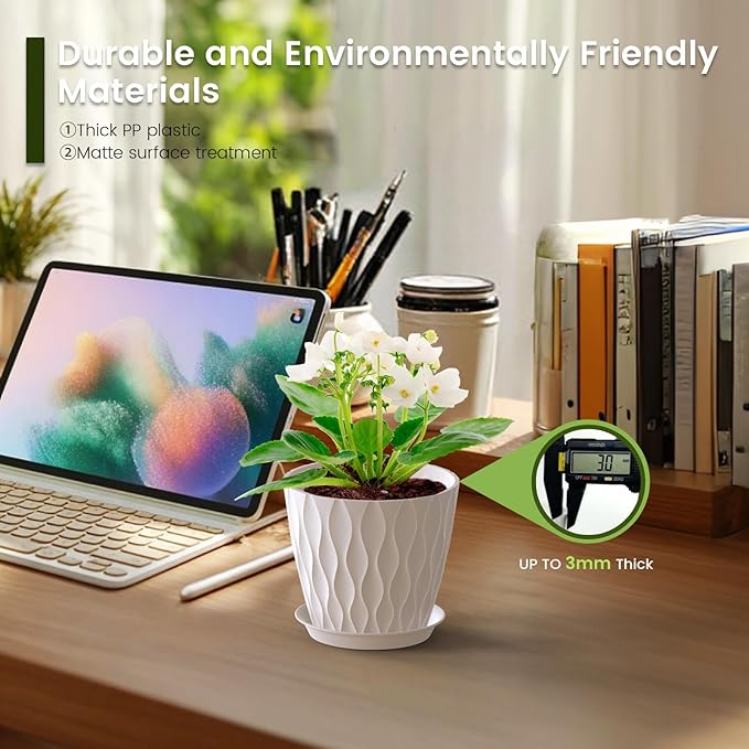Meowell 5 inch Plant Pots for Indoor Outdoor Plants, 6 Pack Thick Nursery Pots with Drainage Holes and Saucers, 3D Modern Wave Texture Small Plastic Planter Flower Pots for Succulent, Herb, White