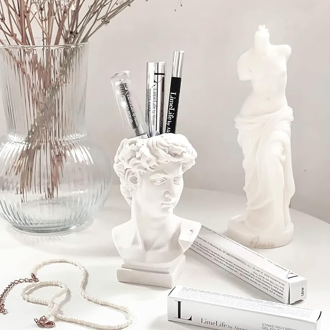 David Statue Vase - 6 Inch Greek Bust Head Aesthetic Planter White Home Decor Roman Style Resin Succulent Flower Planter Pot Sculpture Brushes Holder Makeup Pen Holder