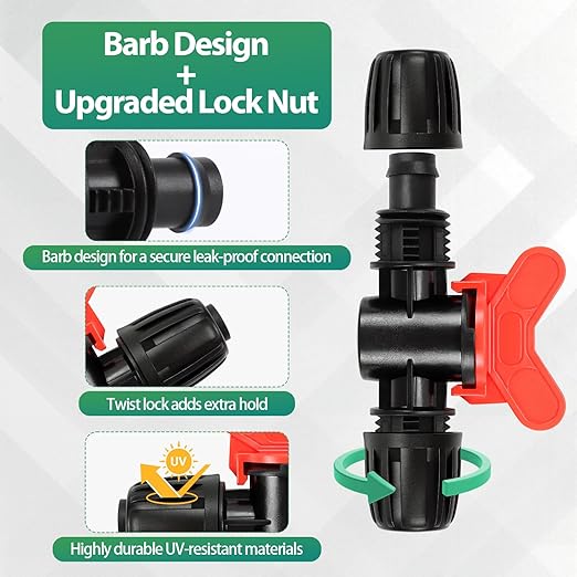 RedChili 10 Pcs 1/2 Inch Irrigation Tubing Shut Off Valve Fittings, (1/2" ID x0.6-0.65" OD) 16mm Drip Tubing Barbed Locked Nuts Connectors Anti-Drop 1/2" Inline Valve Parts for Garden Drip System