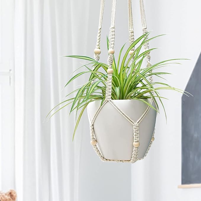 ZMTECH Macrame Plant Hanger for Indoor Plants - 2 Pack 35 Inch Boho Hanging Plant Hanger with Natural Wood Beads, Ivory Home Decor