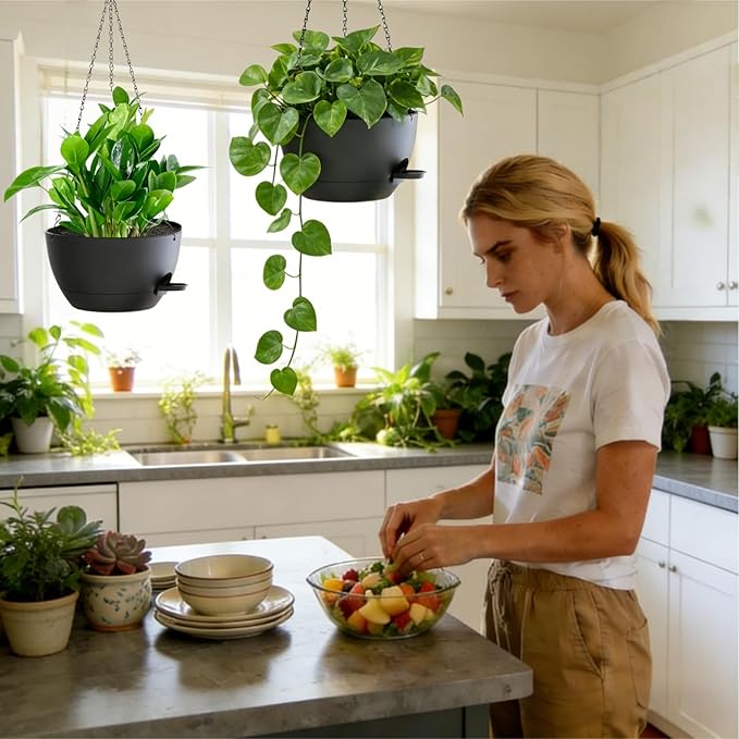 3 Pack Hanging Planters for Indoor Outdoor Plants, 10 Inch Self Watering Hanging Pots for Plants, Plastic Hanging Flower Baskets for Plants Hanger with Drainage and Tray, Chain (Black)