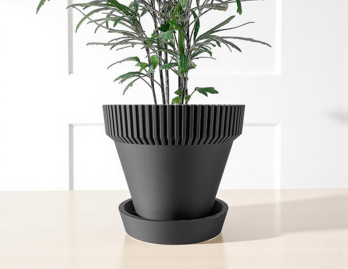 Vertex Vessel Modern Planter – Ribbed Cone Pot with Matching Tray, Flower Planter with Drainage for Indoor Plants & Modern Home Decor (Obsidian Black, Outer Dimensions: Compact 6" Width x 4" Height)