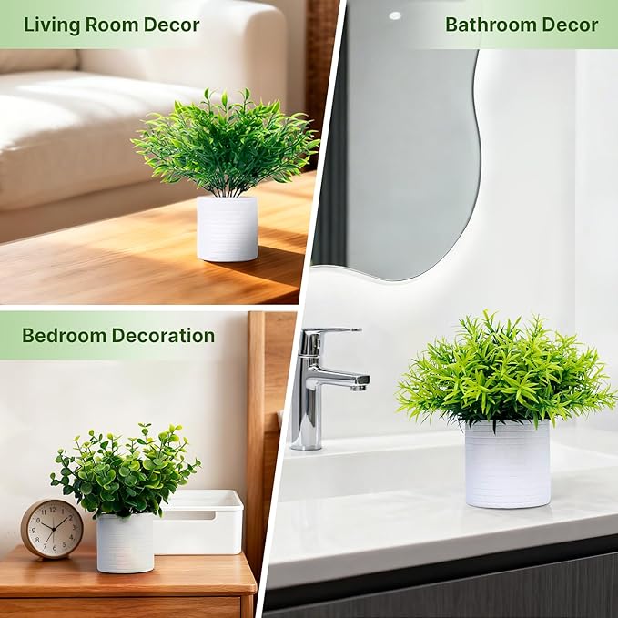 FGSAEOR Mini Potted Fake Plants, Small Artificial Greenery Plants Topiaries, Low Maintenance, Shelf Desk Room Table Office Home Decor (3-Pack) (White Pot - Green)