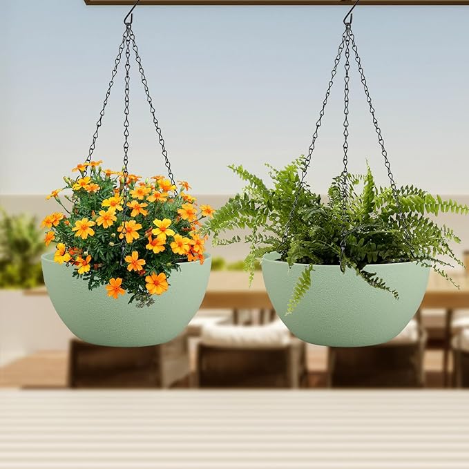 Meowell 10 inch Hanging Planters Plant Pots for Indoor Outdoor Plants, 2 Pack Hanging Flower Pots with Drainage Holes and Chain for Garden Porch, Plastic Hanging Baskets for House Plants, Green