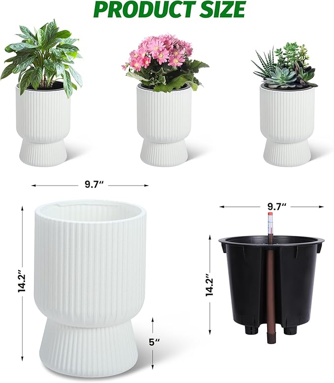 14 Inch Plant Pots, Self Watering Planters Set of 2 with Drainage Holes, Tall planters for Indoor Plants, Flower Pots with Water Level Monitor, for Patio, Porch, Living Room, Home Office, White
