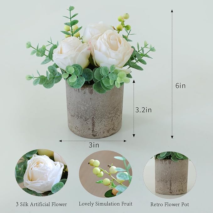 Small Artificial Burnt White Rose Potted Plant, 6" Fake Silk Flowers in 3" Cylindrical Pot, Mini Faux Floral Arrangement for Desk Shelf Bathroom Decor