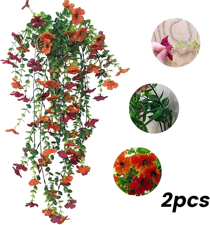 Artificial Hanging Flowers for Outdoors Fall Decorations, 2PCS Faux Silk Daisy with Eucalyptus Leaves for Front Door Porch Planter Patio Yard Garden, Thanksgiving Halloween Decorations