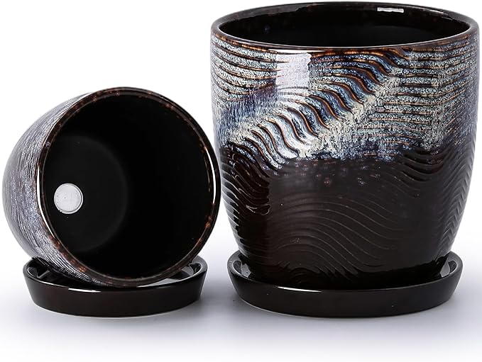 Set of 2 Ceramic Planters with Drainage Holes & Saucers - 4 + 5.75 Inch Purple & Blue Reactive Glaze Flower Pots - Unique Speckled Succulent Orchid Pots for Indoor Outdoor Modern Decor