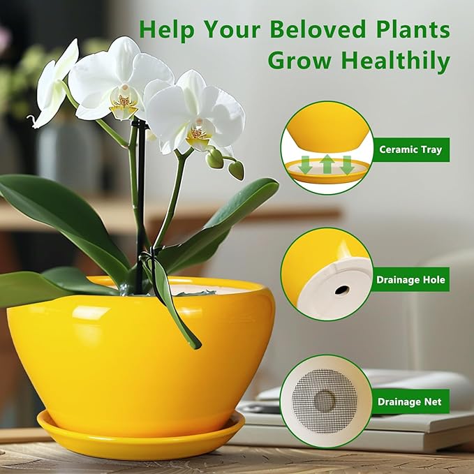 Ceramicfor Indoor Planter 11 Inch - Decorative Mid-Century Large Ceramic Plant Pot for Outdoor Plants with Drainage Hole and Saucer, Home Balcony House Garden Patio Office Room Decor, Yellow
