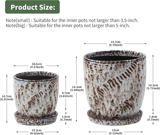 Set of 2 Ceramic Planters with Drainage Holes & Saucers - 4 + 5.75 Inch Earthy Speckled Reactive Glaze Flower Pots - Unique Brown Blue & White Decorative Pots for Indoor Outdoor Succulents, Orchids