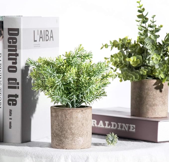 Der Rose 3 Pack Mini Potted Fake Plants Artificial Plastic Eucalyptus Plants Topiaries for Home Office Desk Farmhouse Shelf Room Bathroom Decor(Sage Green)