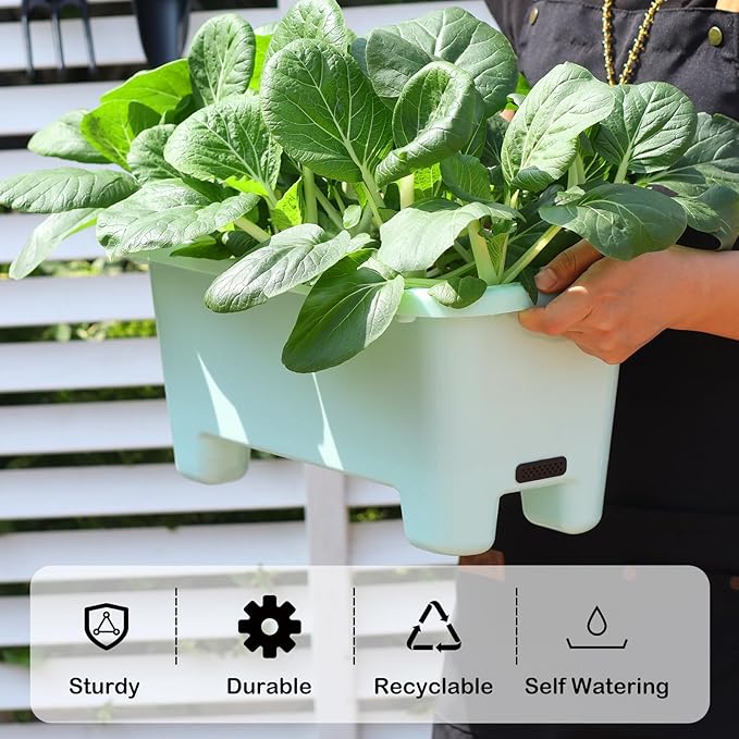 Oliz Self-Watering Rectangle Planter Boxes 8-Pack, 15.7-Inch Window Box Planter with Drainage Holes & Trays, Pots for Vegetables, Herbs, Flowers, Garden Windowsill Balcony (Sky Blue)