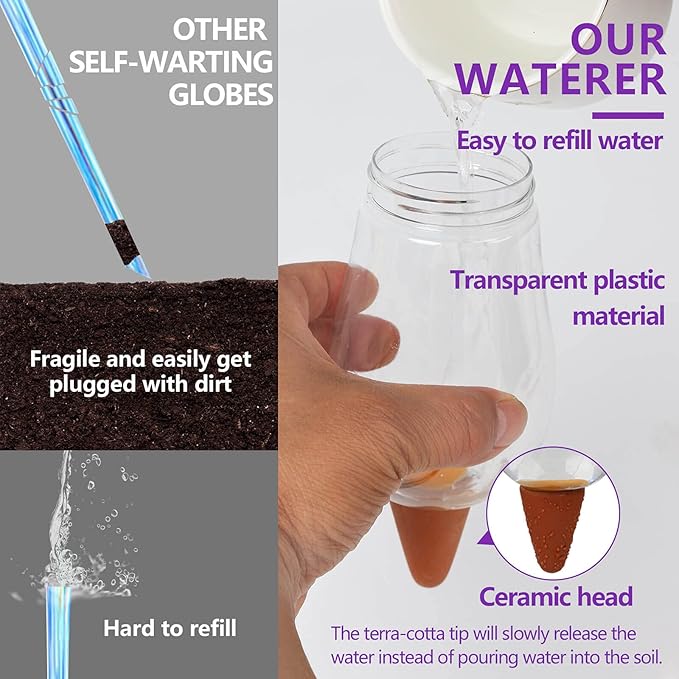 Self Watering Planter Insert - Plastic Plant Watering Globes, Large Volume Self Watering Globes, Durable Terracotta Watering Stakes Plant Waterer for Holiday Vacation