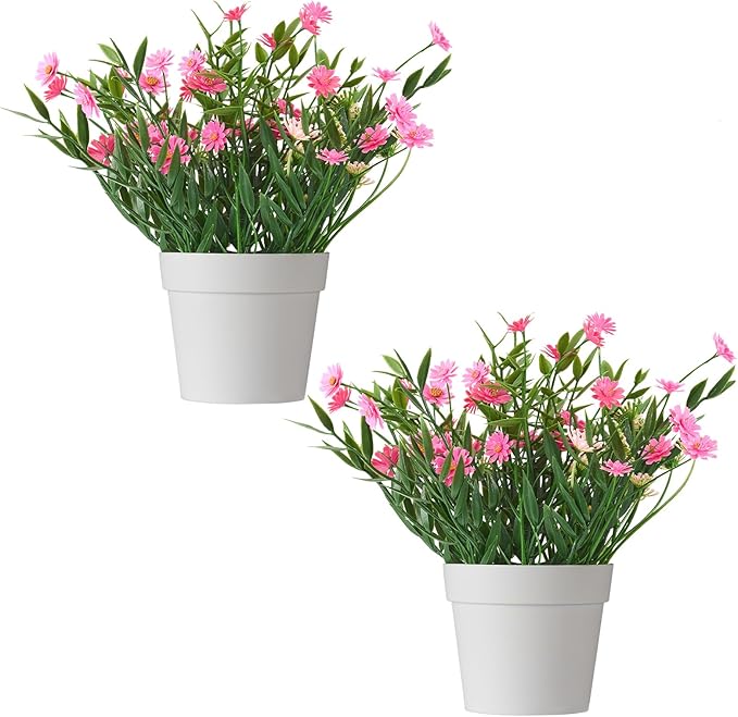 Fake Plants Daisy for Bathroom Decor, Small Potted Artificial Plants Indoor for Shelf Desk Home Bathroom Farmhouse Room Coffee Table Decor, Pink (Pack of 2)