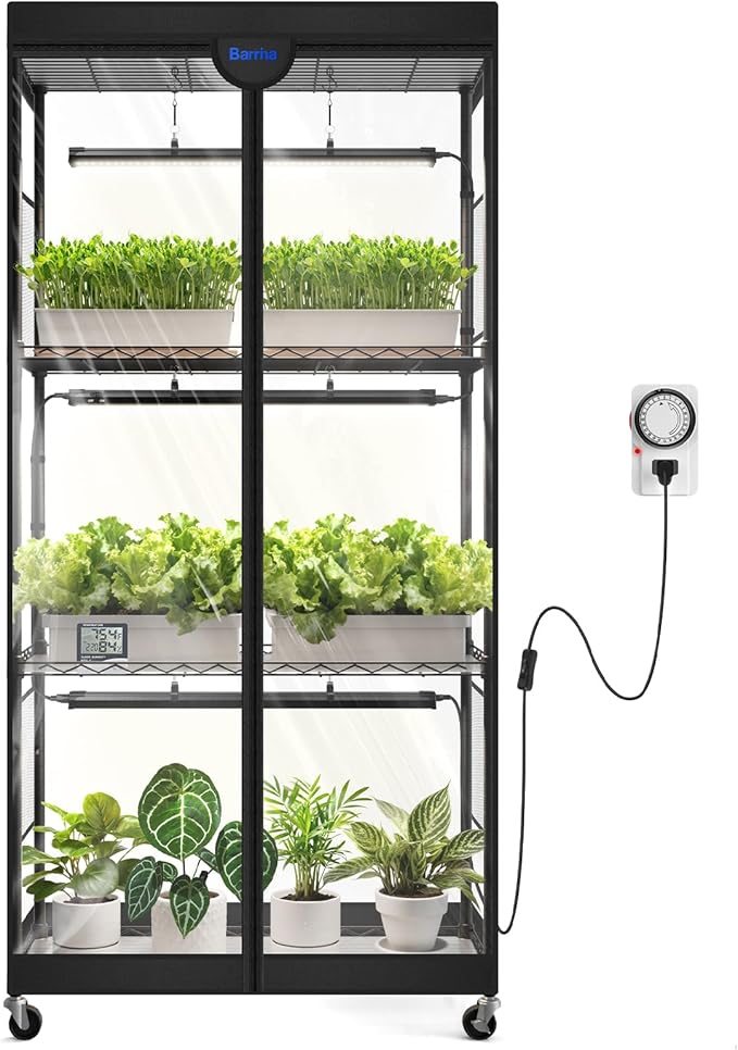Barrina LP750 Indoor Greenhouse with Grow Light, 105W TX-S35 Full Spectrum Grow Lights, 2FT, 5000K, 4-Tier Plant Shelf with Tent, Timer & Thermometer for Seed Trays, Growth, 29.5 x 13.8 x 59.1IN