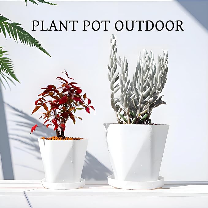 InmeRun Plant Pots Indoor Plastic Flower Pots Outdoor 7 inch Set of 12 Pack with Drainage Holes and Saucers for Garden Pots (7 in 12 White)