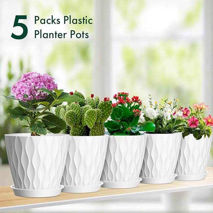 Meowell 4 inch Small Plastic Nursery Pots, 5 Pack Water Ripples Plant Pots for Indoor Plants, Flower Pots with Drainage Holes and Saucers, Seedling Starter Planters for Succulent Plants, White