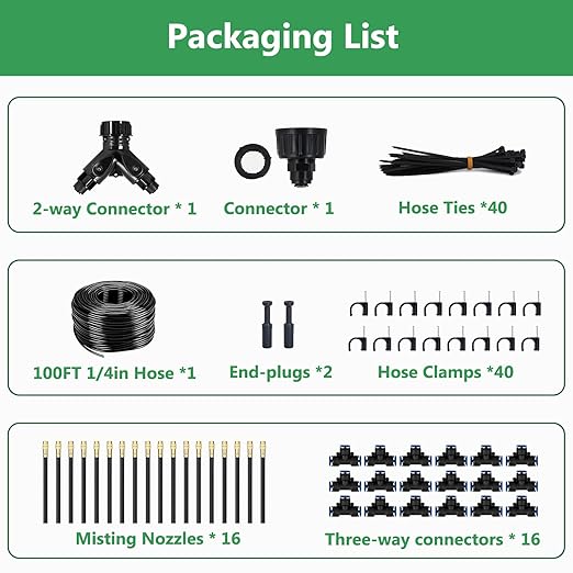 100FT Drip Irrigation System, 1/4 Inch Hose with 360° Adjustable Copper Nozzles – Garden Watering Kit for Lawn, Raised Beds, Greenhouse & Yard