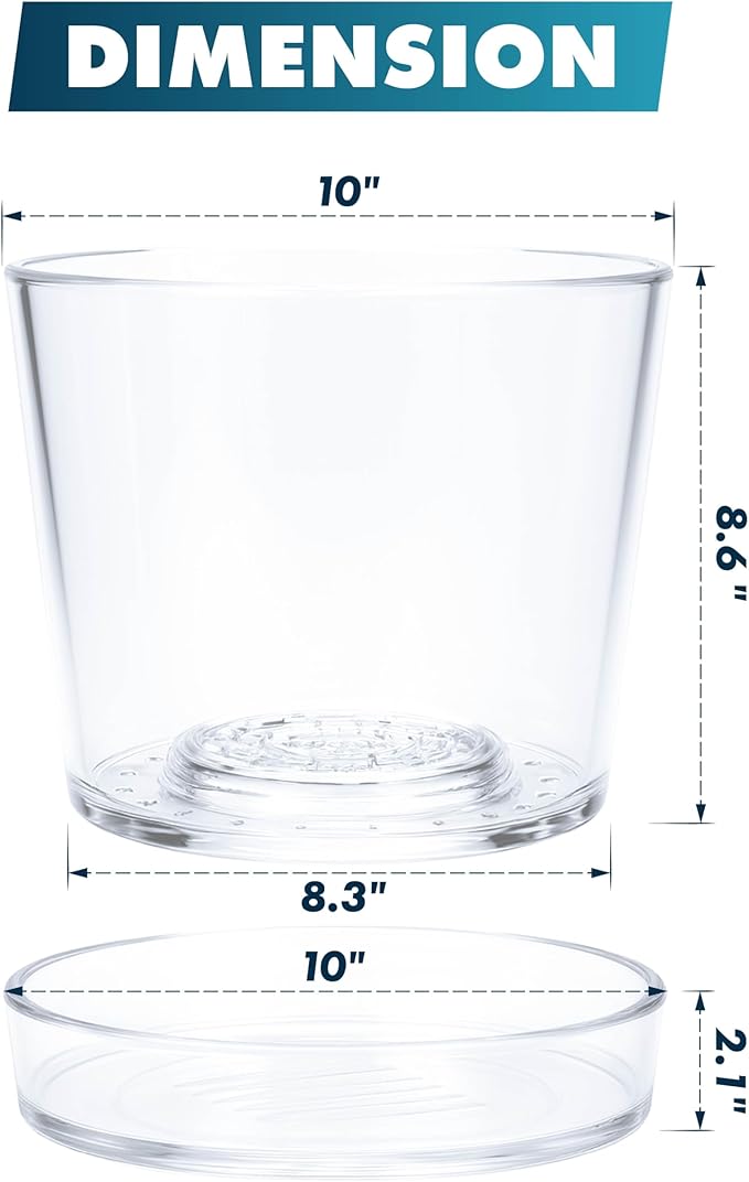 Phoenix Vine 10 Inch Clear Acrylic Planter Pot with Tray, Orchid Pot with Drainage Holes, Deep Saucer for Bottom Watering, Transparent Containers for Indoor Plants, Herbs, Set of 1, 91-A-H-1