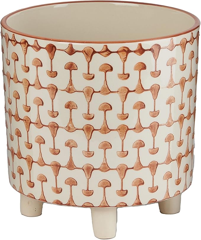 Creative Co-Op Footed Stoneware Planter with Abstract Print, Rust and White