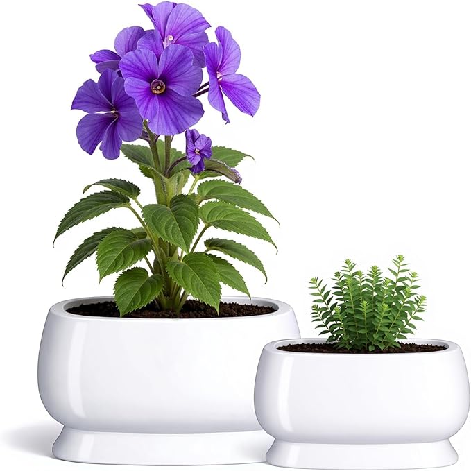 OXART Ceramic Plant pots Indoor Pots Set with Drainage Holes, 11.8+9 inch Flower Pot Rectangle Planters Pots for Plants for Plants Lilies, Cacti, Succulents, and Pothos, No Trays (White-3)