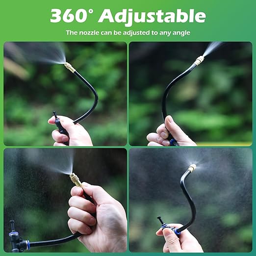 Drip Irrigation System 100 FT with 32 Nozzles, 360° Adjustable Bendable Garden Watering Misting System for Greenhouse, Yard, Lawn, Plant, Garden, 1/4 inch Hose