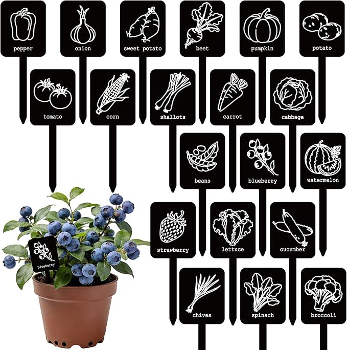 Whaline 20Pcs Acrylic Vegetable Plant Label Signs 20 Styles Garden Markers Waterproof Black Plant Stake Tags with Names for Nursery Indoor Outdoor Garden Decor