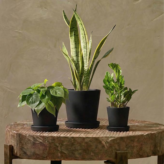 Bamworld 3 Pack Plastic Plant Pots with Drainage Holes and Saucers 6/7/8 Inch 5mm Thick Modern Decorative Flower Pots for Indoor Outdoor Plants Black