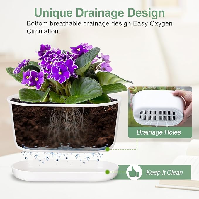 Oliz Set of 4 White Oval Window Sill Planters with Drainage Holes and Trays（7 Inch） for Herbs Basil Orchids Succulents, Modern Herb Garden Planter for Indoor/Outdoor Plants