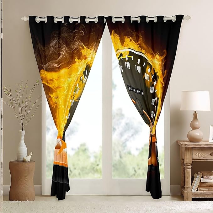 Orange Race Car Curtains & Drapes,Cool Speed Sports Cars Racing Game Blackout Curtains,Extreme Sport Window Treatments,Competitive Games Theme Decor Yellow Fire Window Curtains 2 Panels 38"Wx45"L