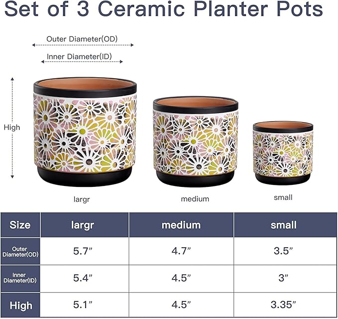 Qipecedm 3 Piece Ceramic Plant Pots, 5.7/4.7/3.5/inch Planters with Drainage Hole, Outdoor Indoor Flower Pots Set, Modern Decorative Plant Pots for Lilies, Cacti, Succulents, Snakes, Bamboo(Black)