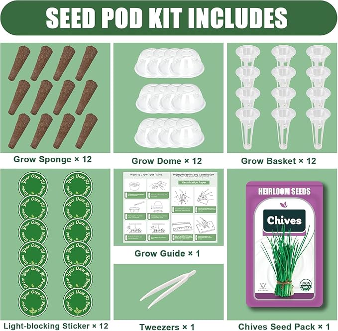 Seed Pods for All Hydroponics Growing Systems, 12 Pods Herb Kit (Chives)