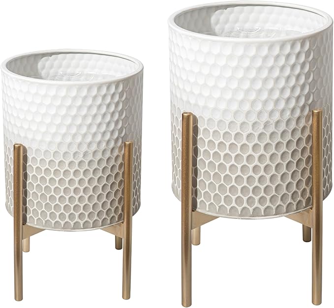 Oakrain Planters for Indoor Plants, Set of 2 Modern Planter with Stand, Decorative Metal Planter Pots for Living Room, Office, Garden, Balcony, 10"&12", White-Grey Gradient