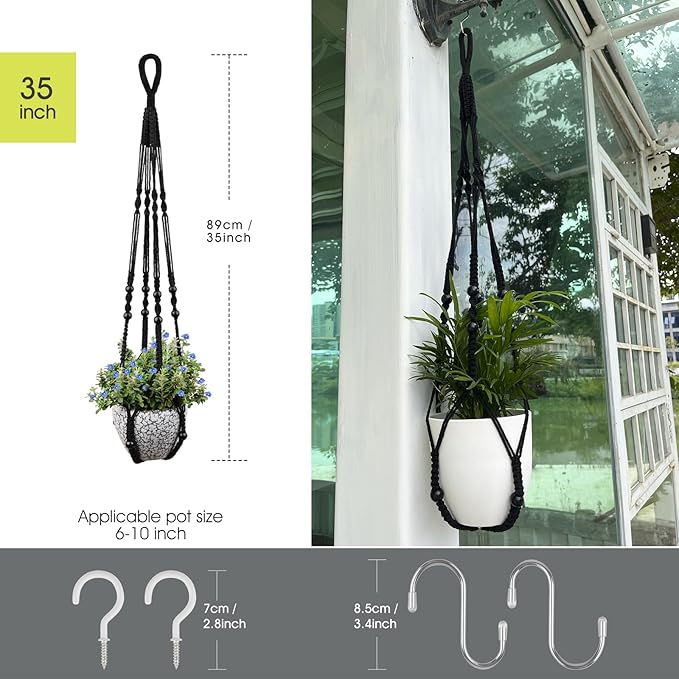 RIFNY Macrame Plant Hanger for 5 to 10 Inch Plant Pots, 35 Inch Indoor Handmade Woven Rope Hanger Kits with Hooks and Wood Beads, Hanging Planter Basket Holder for Boho Home Decor (Black, 3 Pack)
