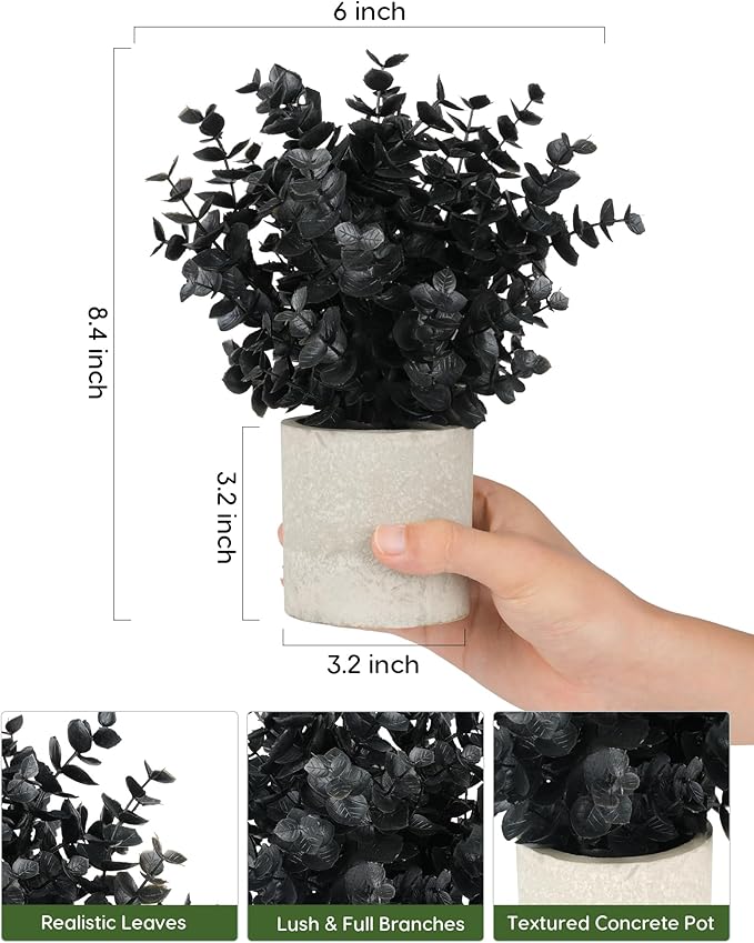 Velener 1 PCS Small Fake Eucalyptus Plant Artificial Potted Plants Indoor for Christmas Decor Indoor Realistic Faux Plant for Office, Bathroom, Living Room, Desk, Shelf, Home Decor (Black)