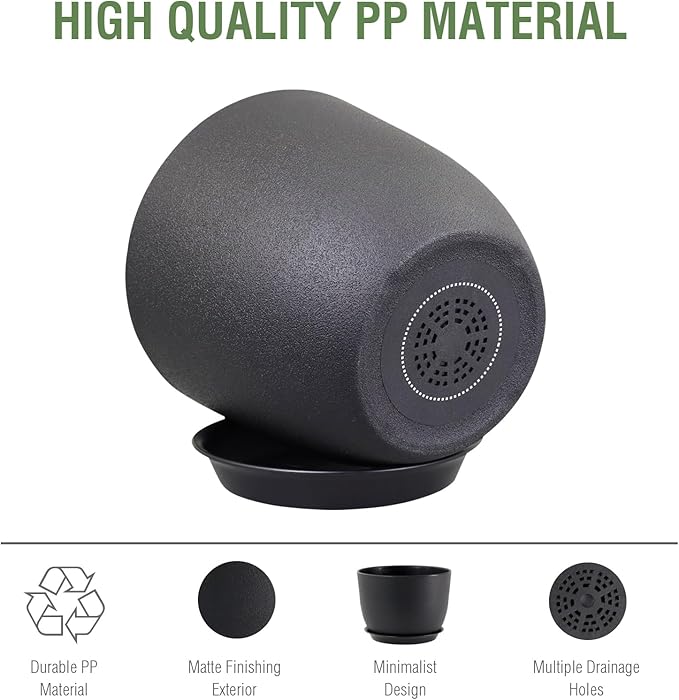 Meowell 12 inch Large Plant Pots, Plastic Planters with Drainage Holes and Saucers, Flower Pots for Indoor Outdoor Plants, Modern Decorative Pots for Garden House Plants, Black