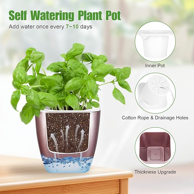 Oliz 8 Pack Self Watering Pots 4-inch Decorative Flower Planters for Indoor Plants Modern Square planters for Small Plants Window Sill Planters for Succulents, African Violets, Herbs(Rose Gold)