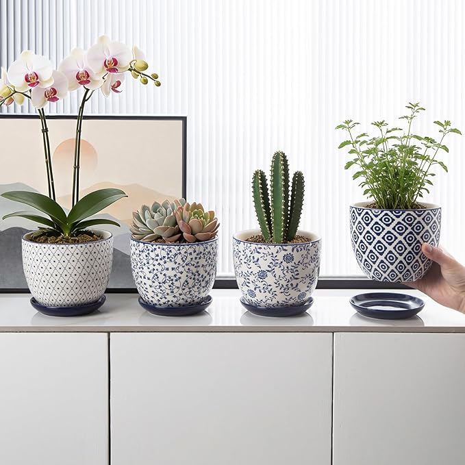 Ceramic Plant Pots - 5.6 Inch Flower Planters with Drainage Holes and Saucers for Indoor Plants Herbs, Succulent, Orchid, Cactus, Outdoor Plants, Home Decor, Set of 4, Vintage Blue