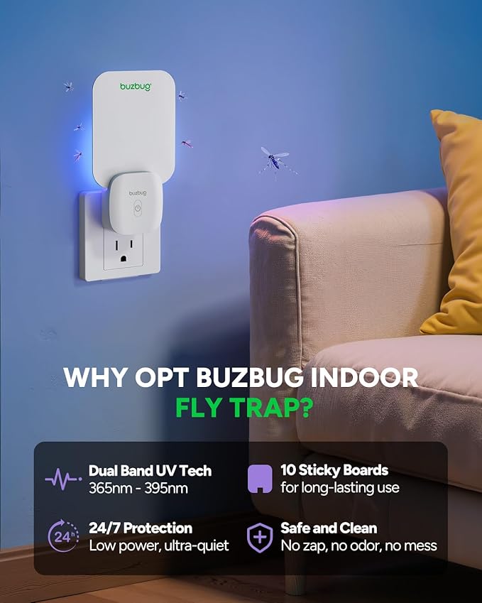Buzbug Fly Trap Indoor, Plug-in Flying Insect Trap, Fruit Fly Traps for Indoors, Plug in Bug Trap, Gnat Trap for House Indoor, Bug Catcher for Gnat Moth Mosquito, 1 Device + 10 Refills Glue Cards