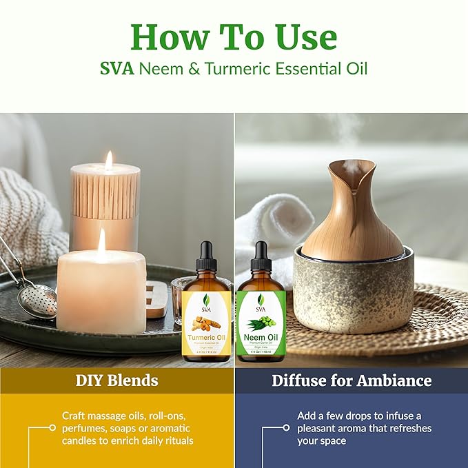 SVA Neem Oil 4 oz and Turmeric Oil 4 oz Bundle Super Saver Combo – Premium Grade Value Set for Hair Oiling, Scalp Massage, Hair Care, Skin Care and Body Massage